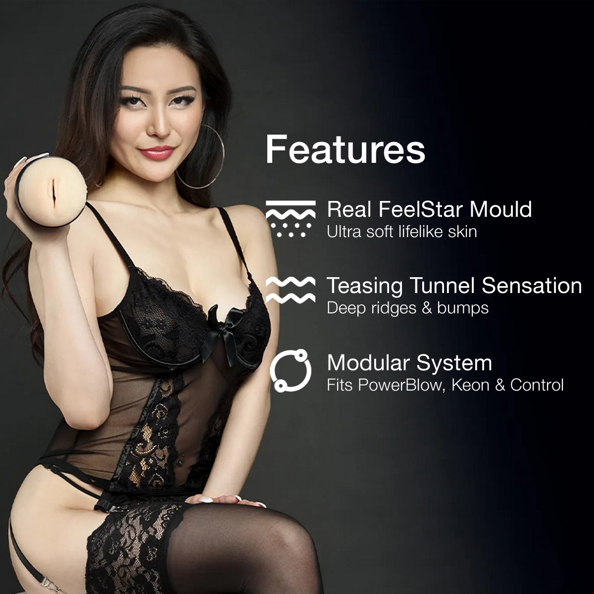 Kiiroo Feel Rae Lil Black male masturbator from kiiroo feelstars with detailed cock stroker interior.