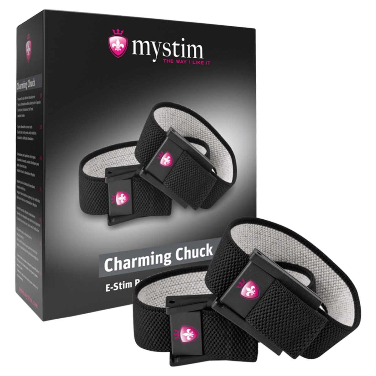 Mystim Charming Chuck E-Stim Penis & Testicle Strap Set Packaging