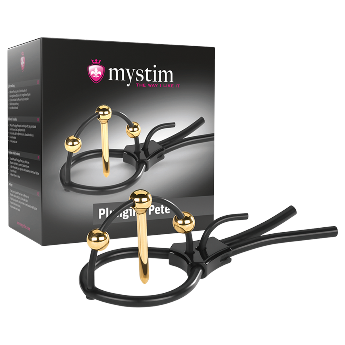 Mystim Plunging Pete E-Stim Corona Strap with Urethral Sound Dilator Packaging