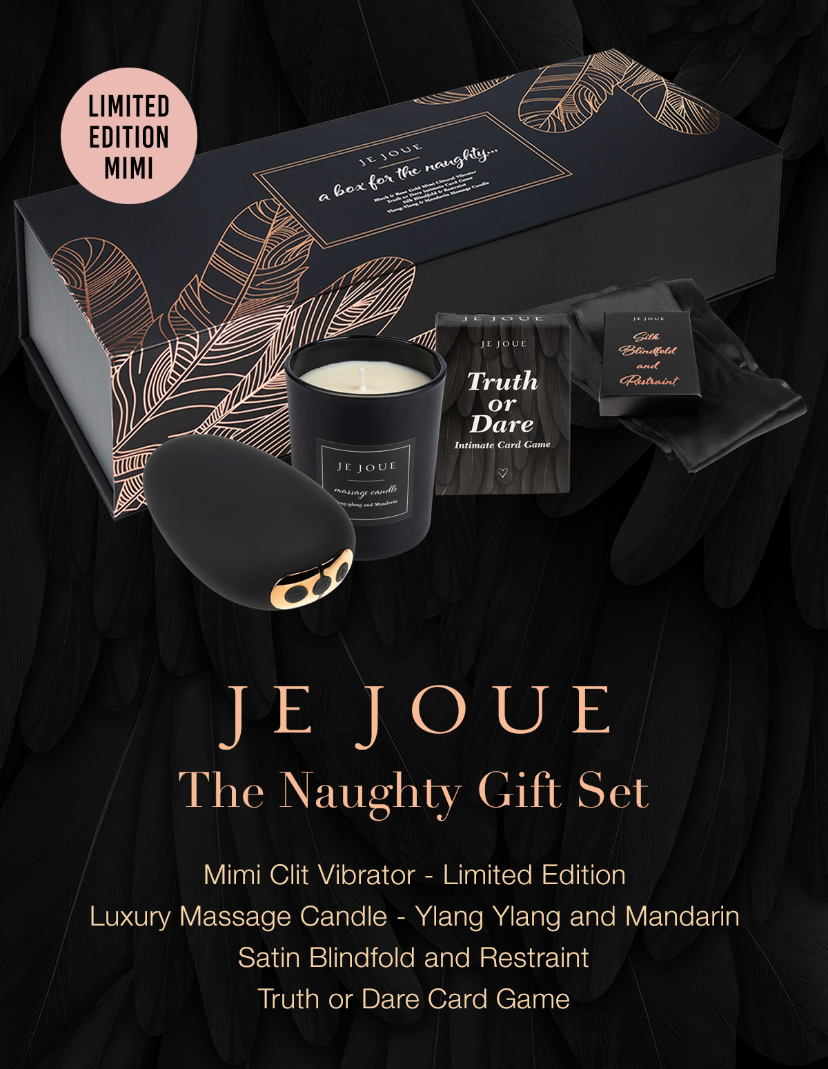 Je Joue gift set featuring the Je Joue Mimi clit vibrator & clitoral massager plus an intimate massage candle for couples.