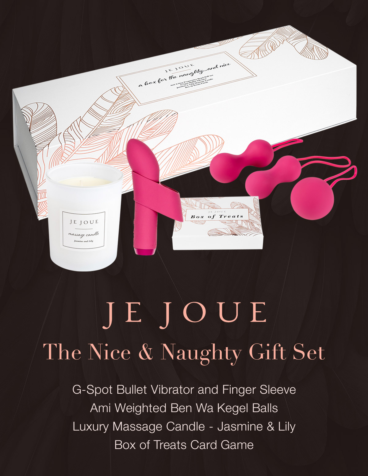 Je Joue Gift Set featuring couples sex toys including clit vibrator & g spot vibrator, massage candle & card sex game.