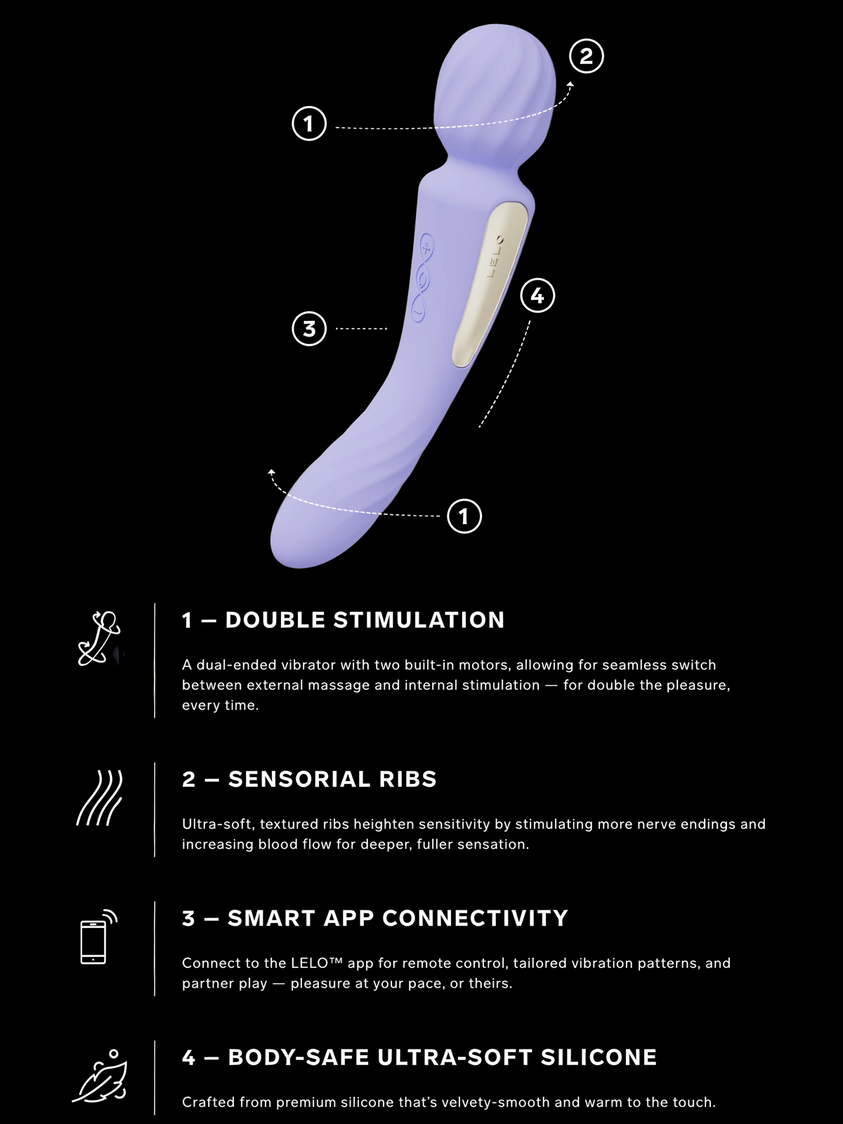 LELO Switch double ended wand vibrator delivers clitoral stimulation with a smooth bluetooth vibrator design.