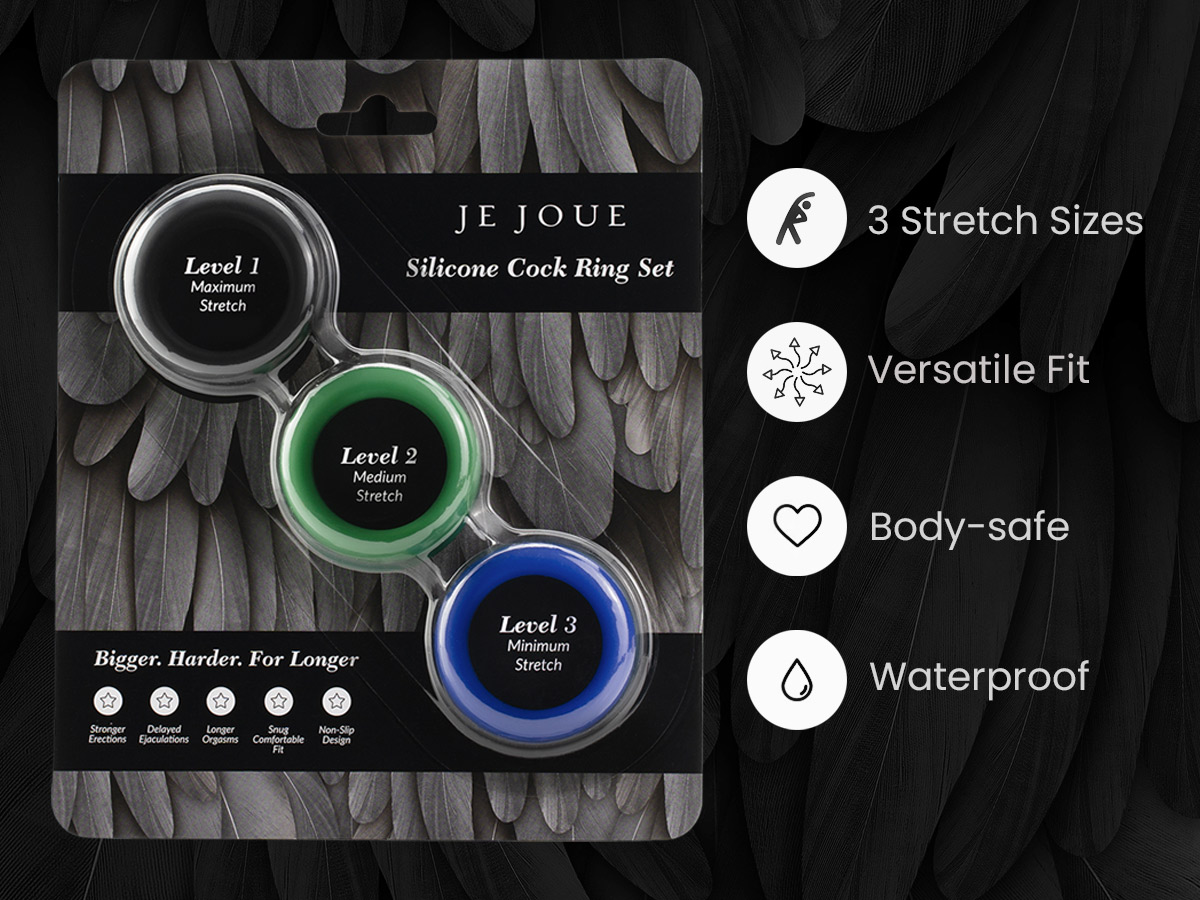 Je Joue silicone cock ring trio offers versatile penis rings and a cock and ball ring for couples sex toys fun.