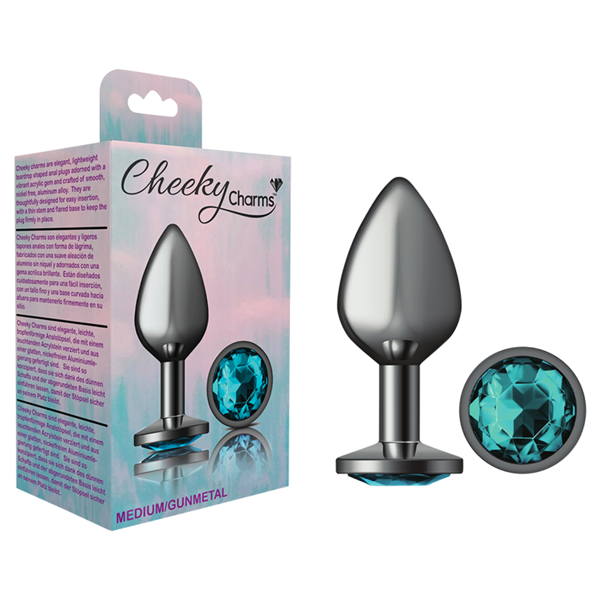 Cheeky Charms Metal Butt Plug Medium - Gunmetal Round Teal