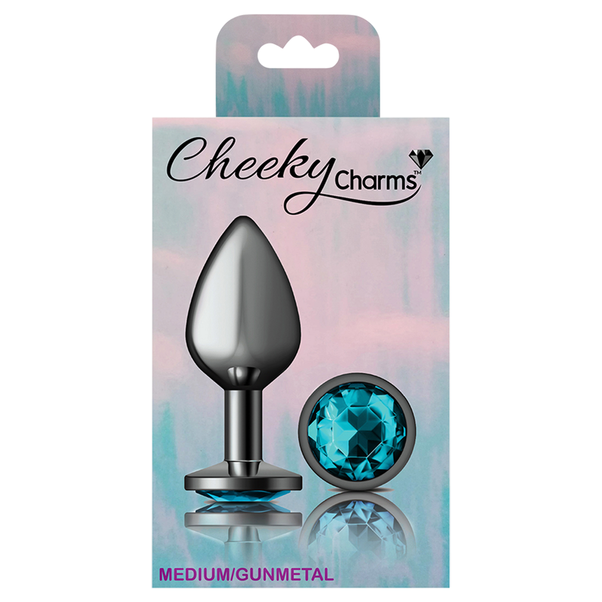 Cheeky Charms Metal Butt Plug Medium - Gunmetal Round Teal Box