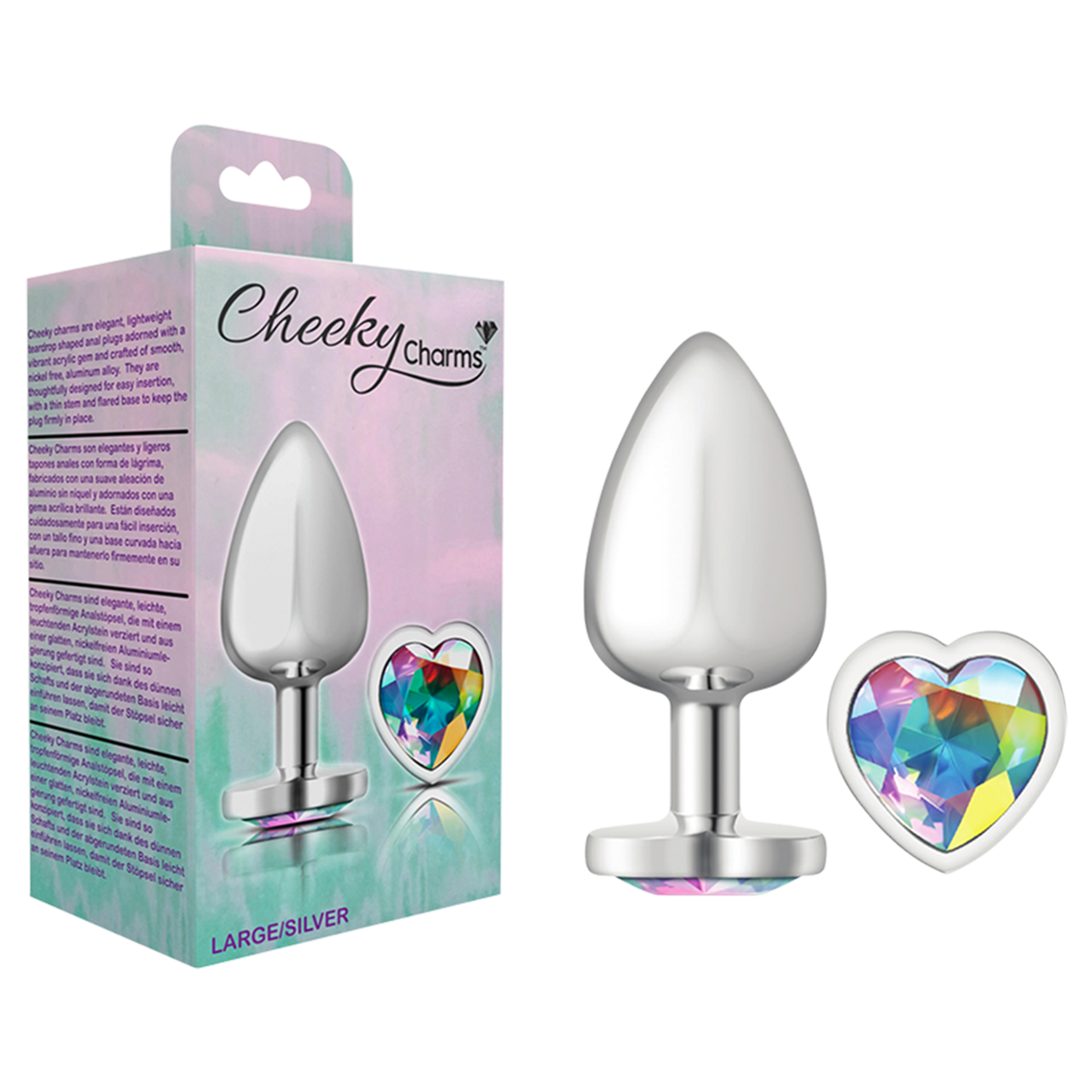 Cheeky Charms Metal Butt Plug Large - Silver Heart Iridescent