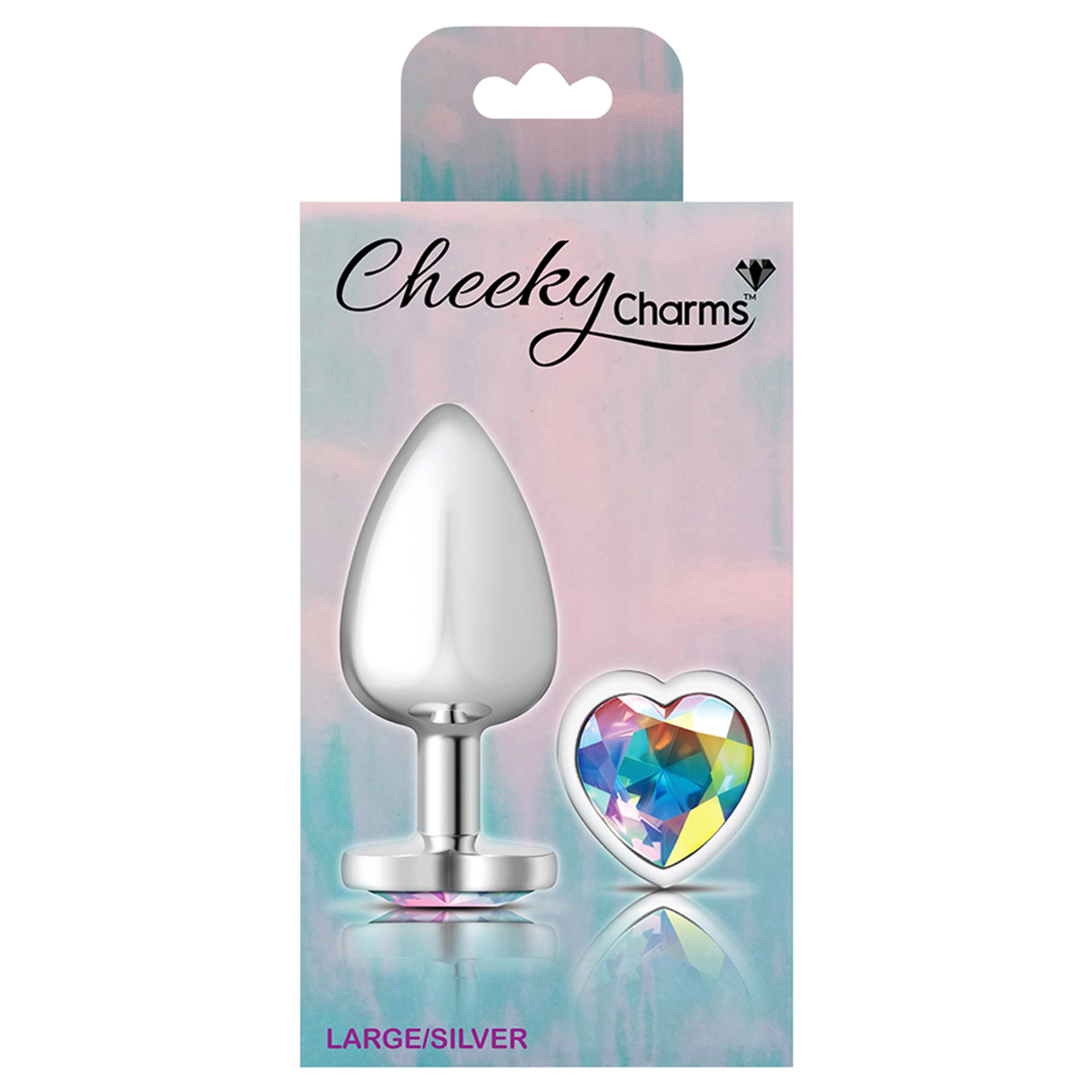 Cheeky Charms Metal Butt Plug Large - Silver Heart Iridescent Packaging