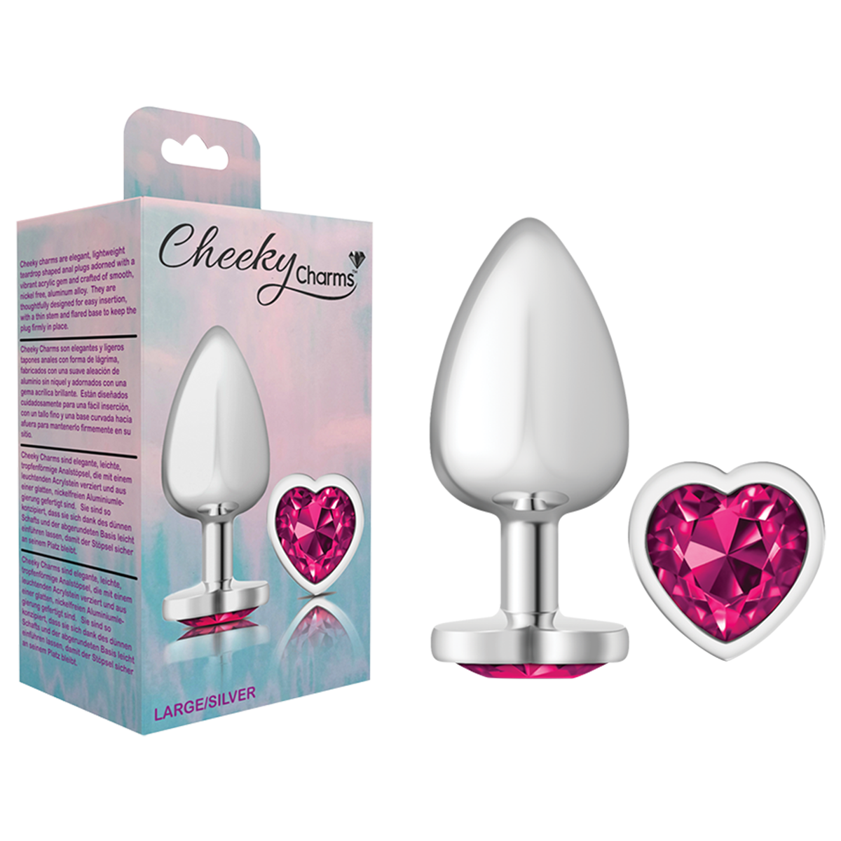 Cheeky Charms Metal Butt Plug Large - Silver Heart Bright Pink