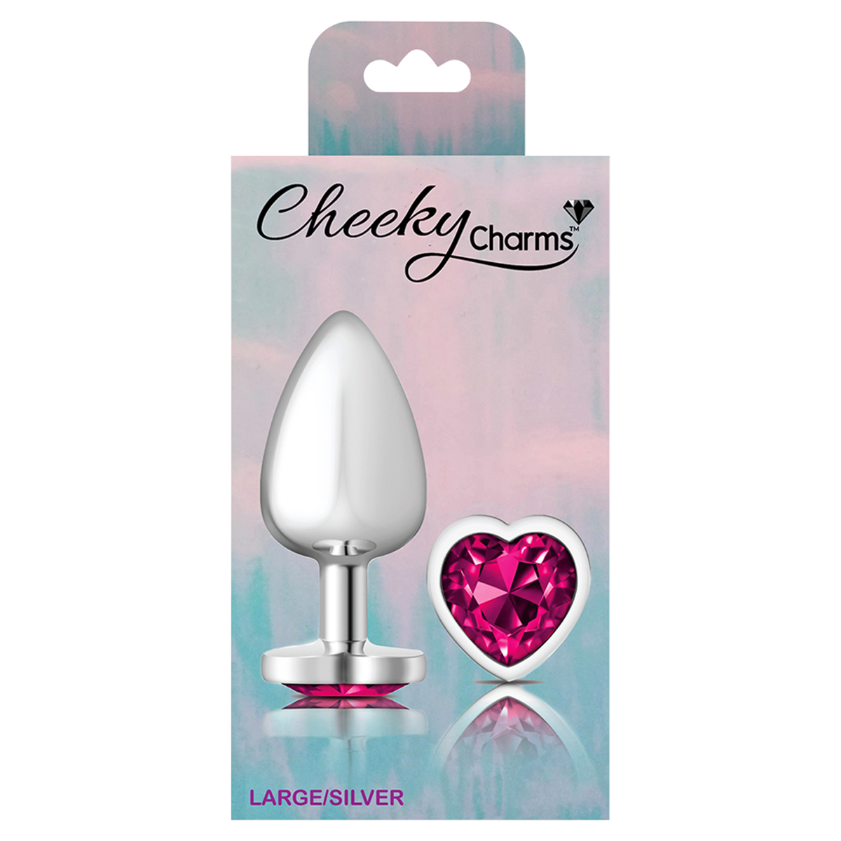 Cheeky Charms Metal Butt Plug Large - Silver Heart Bright Pink Box