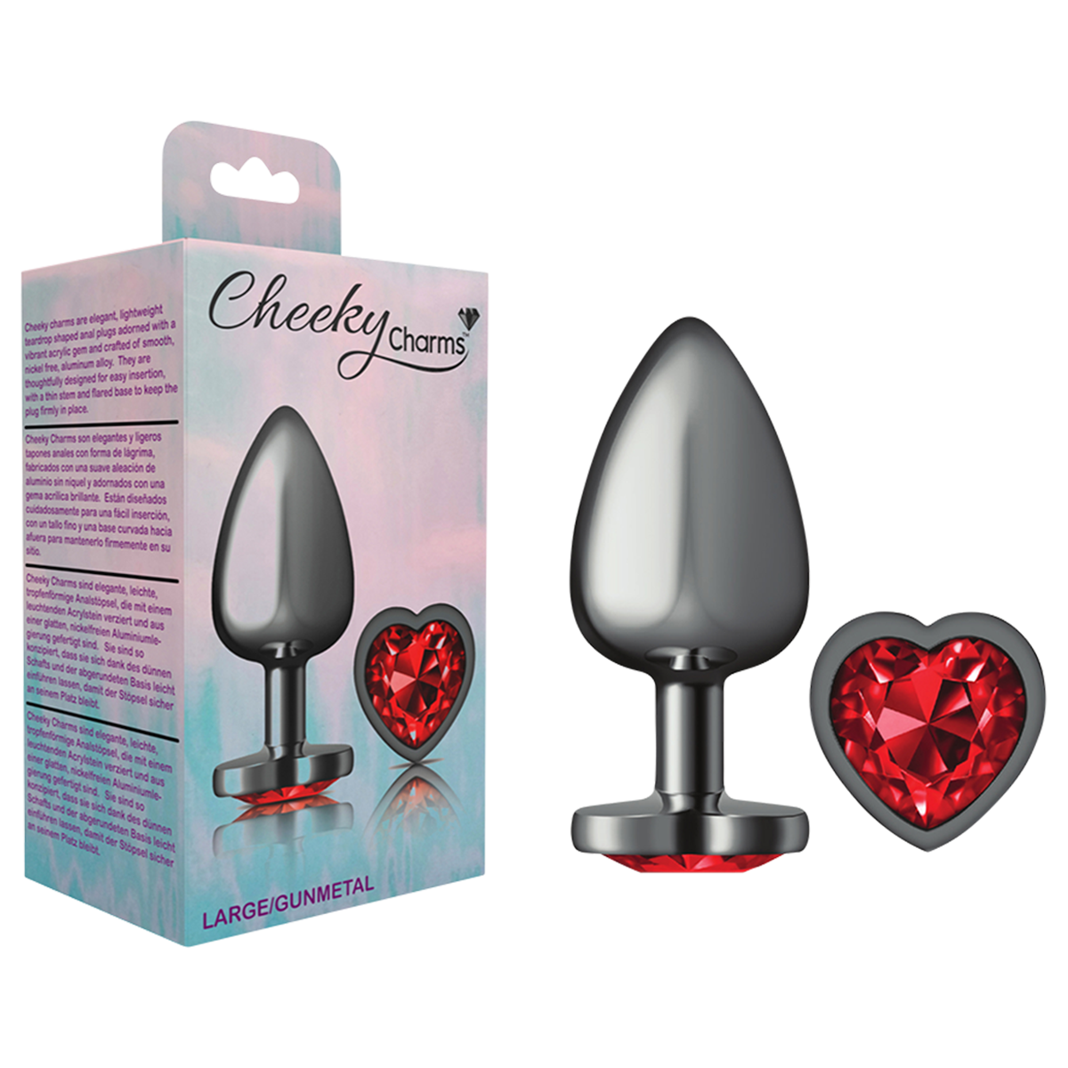 Cheeky Charms Metal Butt Plug Large - Gunmetal Heart Dark Red