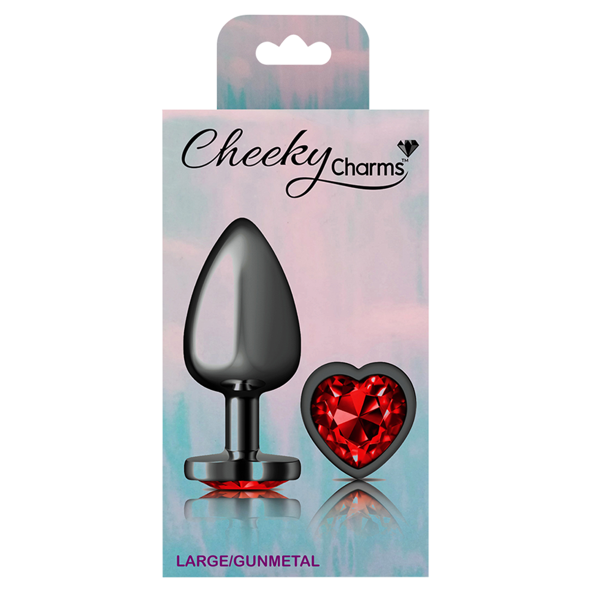 Cheeky Charms Metal Butt Plug Large - Gunmetal Heart Dark Red Box