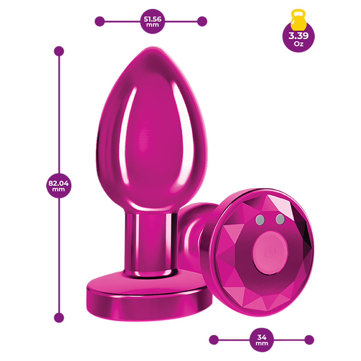 Cheeky Charms Remote Vibrating Metal Butt Plug Medium - Dimensions