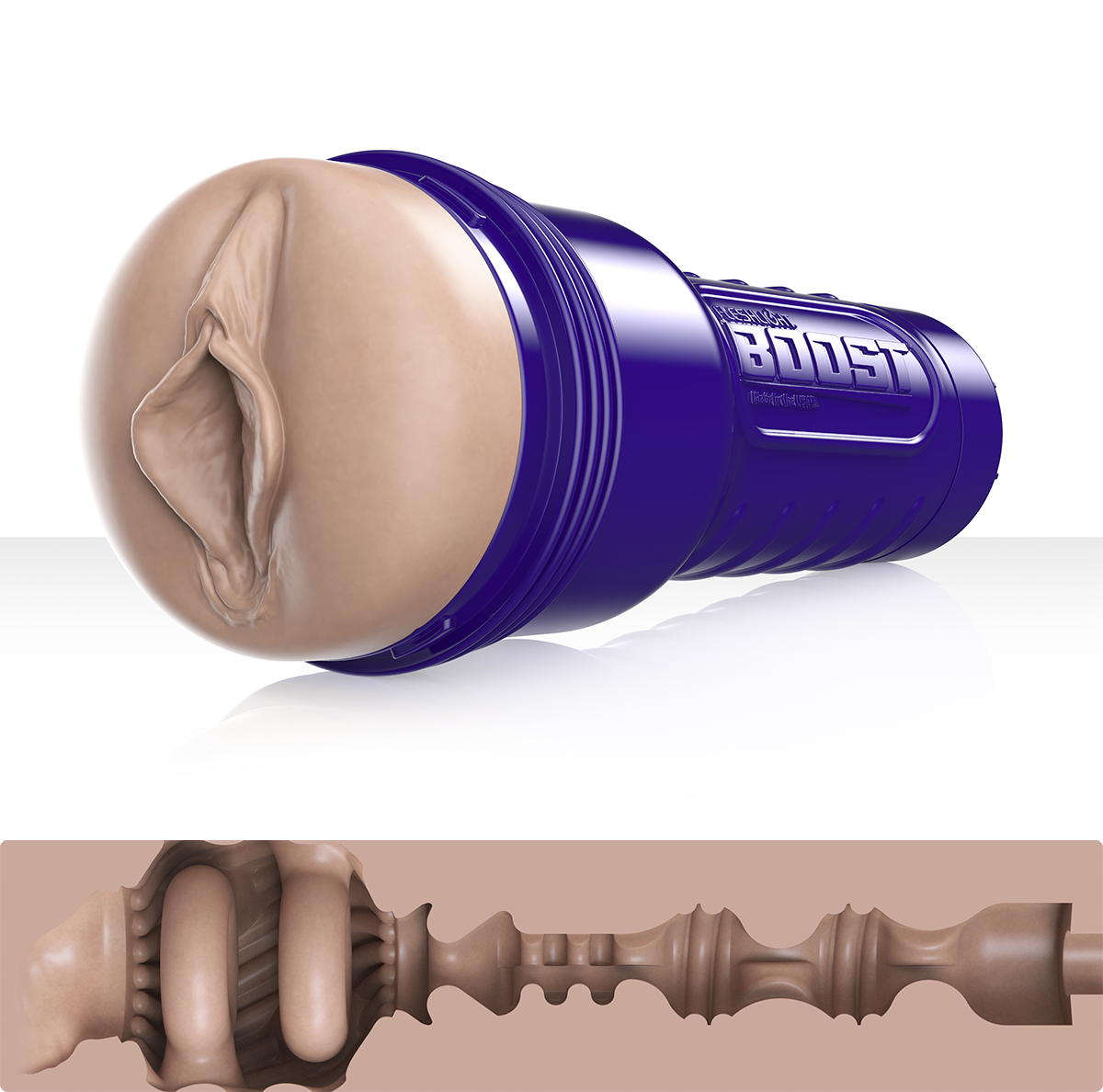 Fleshlight Boost Bang male masturbator with a textured masturbation sleeve for intense pleasure.