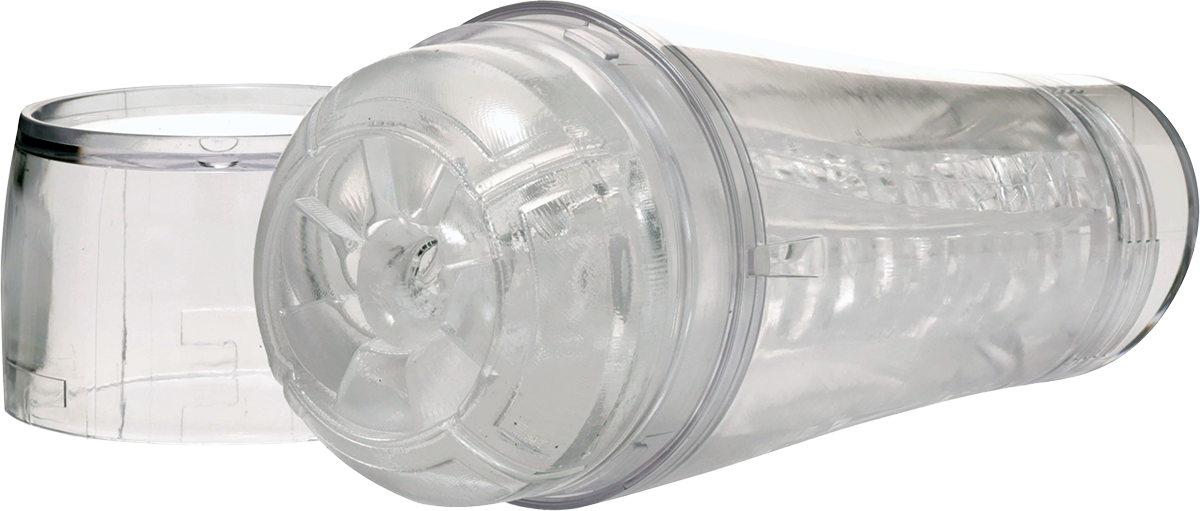 Clear Fleshlight male masturbator with a textured masturbation sleeve.