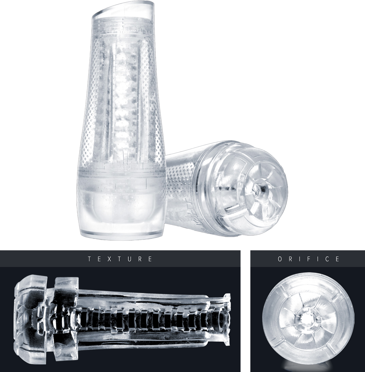 Transparent Fleshlight with a realistic masturbation sleeve for travel.