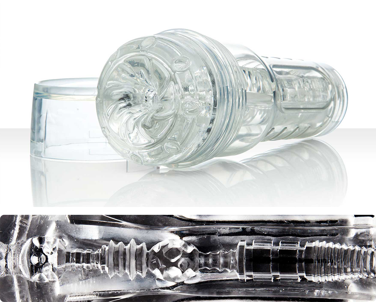 Enjoy discreet pleasure with the Fleshlight GO Torque Ice Masturbator and transparent Fleshlight design.