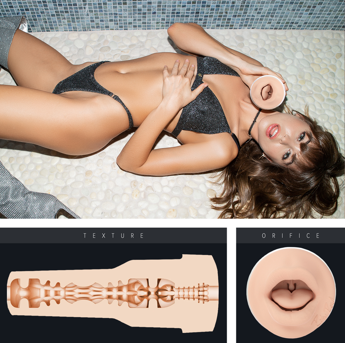 Riley Reid Fleshlight mouth stroker designed as a realistic blowjob simulator for men.