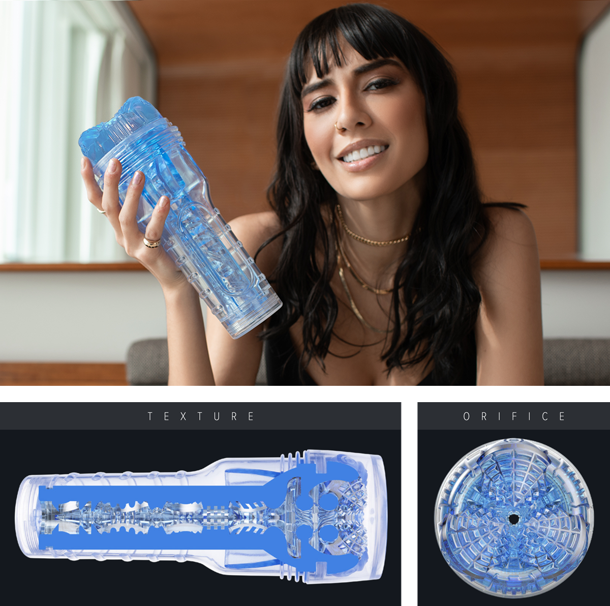 Fleshlight Turbo Core Blue Ice male masturbator with a transparent Fleshlight masturbation sleeve.