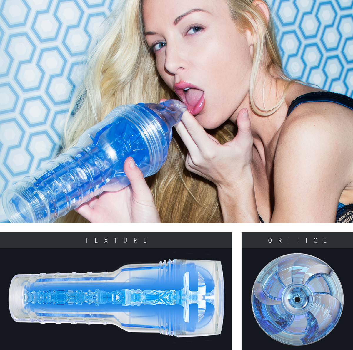 Fleshlight Turbo Thrust Blue Ice is a transparent Fleshlight and realistic blowjob simulator for men.