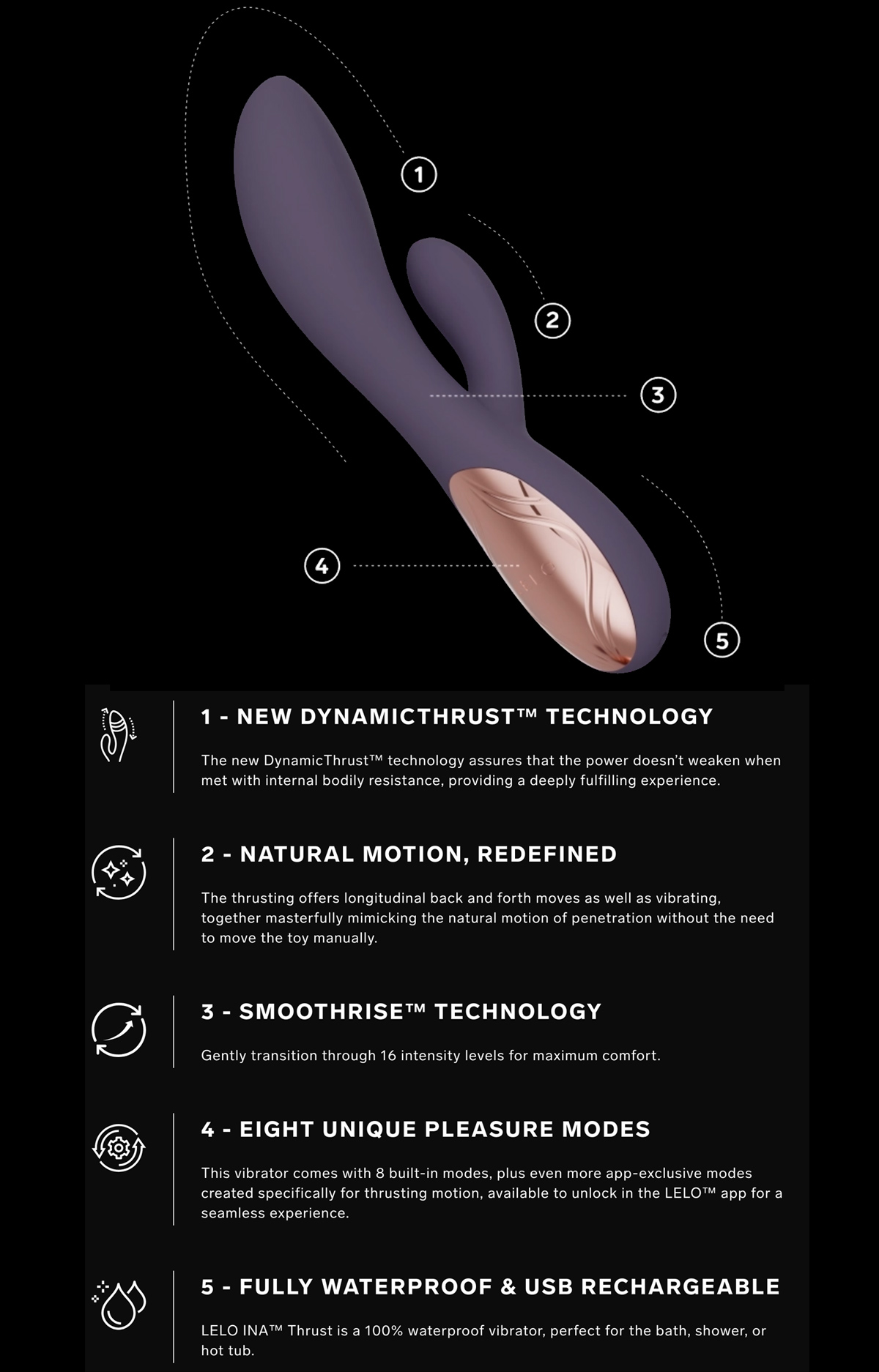 LELO INA is a rabbit vibrator designed with a smooth thrusting motion for blended orgasm.