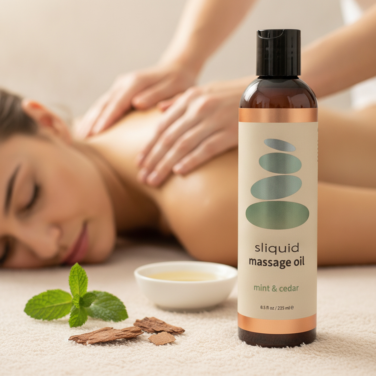 Sliquid massage oil with a refreshing mint and cedar aroma for relaxing massage.