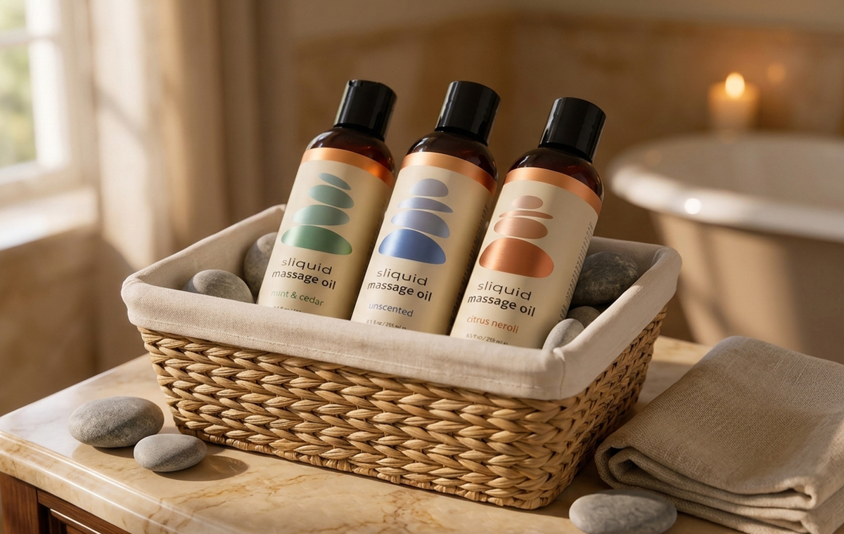 Jojoba massage oil creates a silky glide for relaxing full body oil massage products.