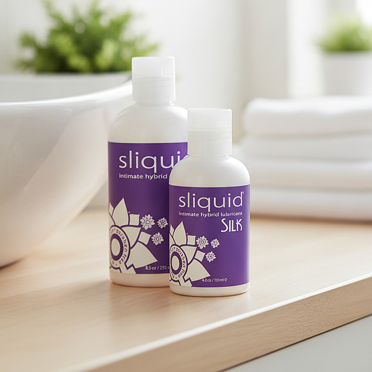 Sliquid Silk personal lubricant blends water and silicone for a silky, long-lasting feel.
